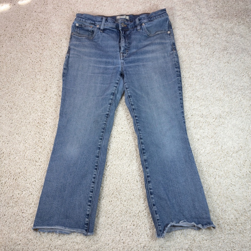 Madewell Kick Out Jeans Women 30P Blue Mid Rise Raw Hem Cropped Flare Denim